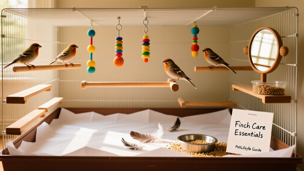 A spacious, horizontally oriented finch cage with multiple perches, toys, and a clean paper-lined floor
