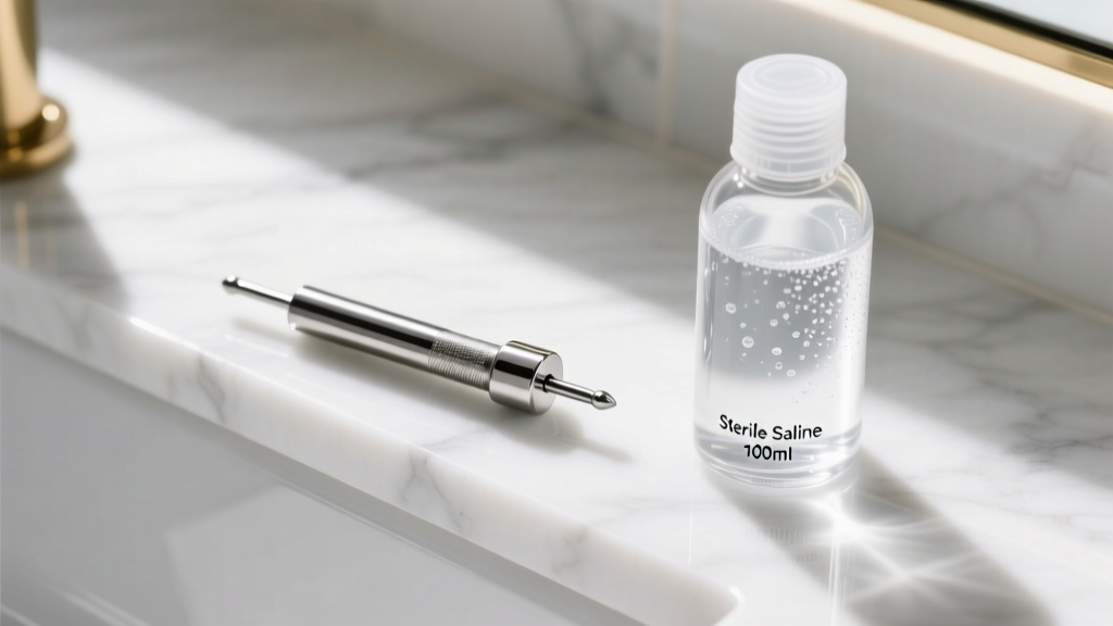 Top-down view of an ultrasonic cleaner holding a titanium labret stud, next to a sterile saline bottle on a white marble vanity.