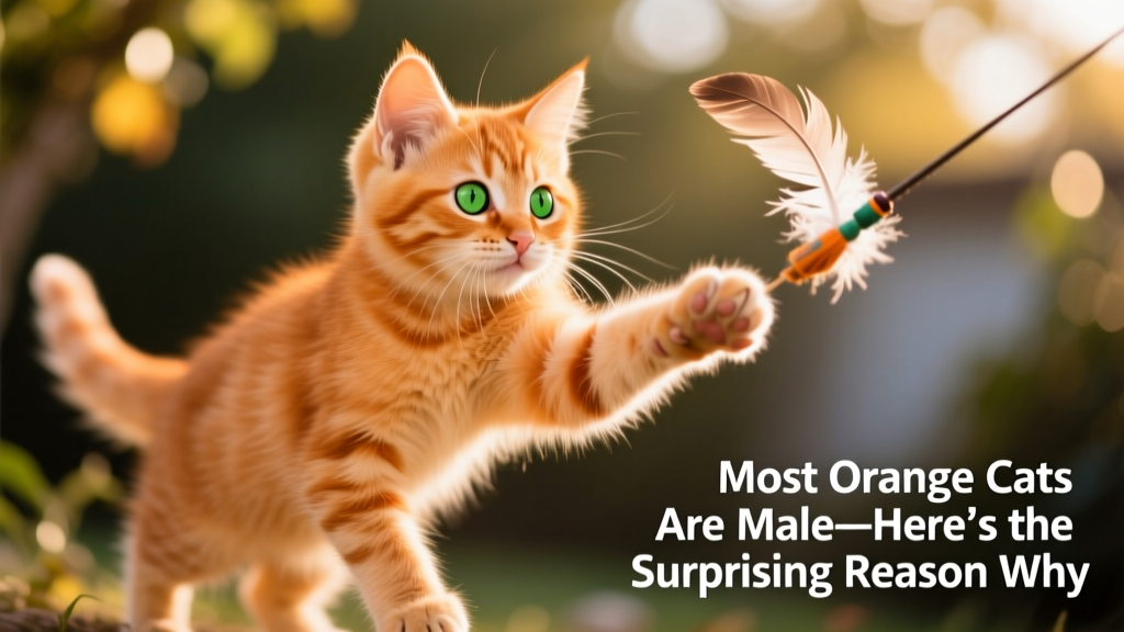 A playful orange kitten batting at a feather toy, with soft focus background highlighting its rich coat color