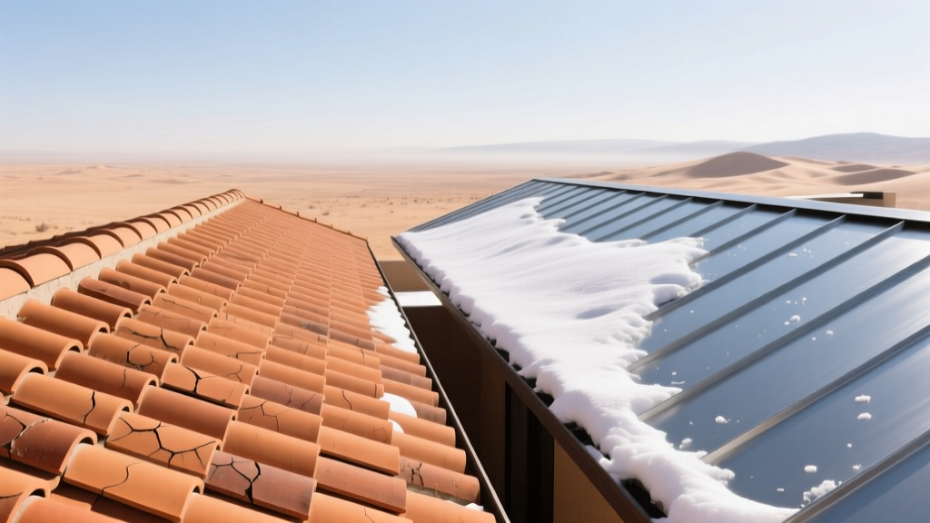 Architectural rendering of a terracotta tile roof in a sunny desert next to a standing seam metal roof covered in winter snow.