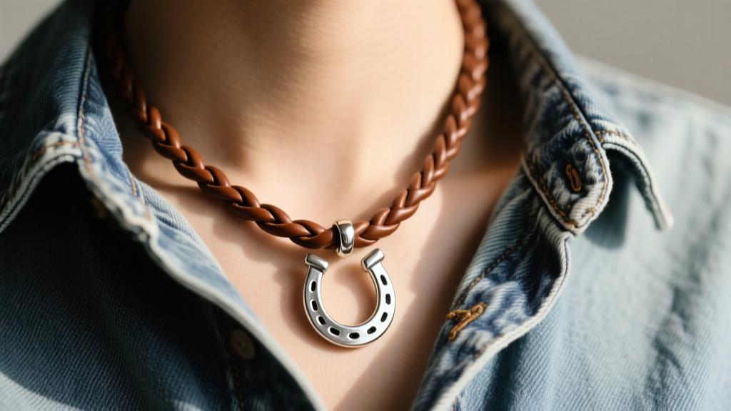 Braided brown leather cord necklace with a silver horseshoe charm, draped elegantly over a faded vintage denim shirt collar.