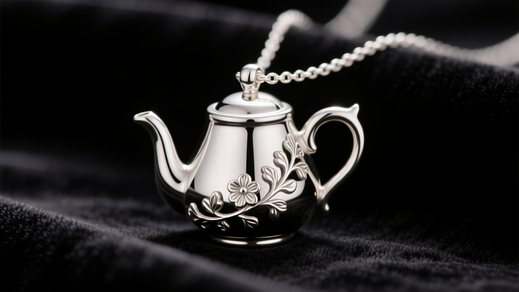 Close-up of a 925 sterling silver teapot necklace pendant with floral engraving resting on dark velvet under soft studio lighting.