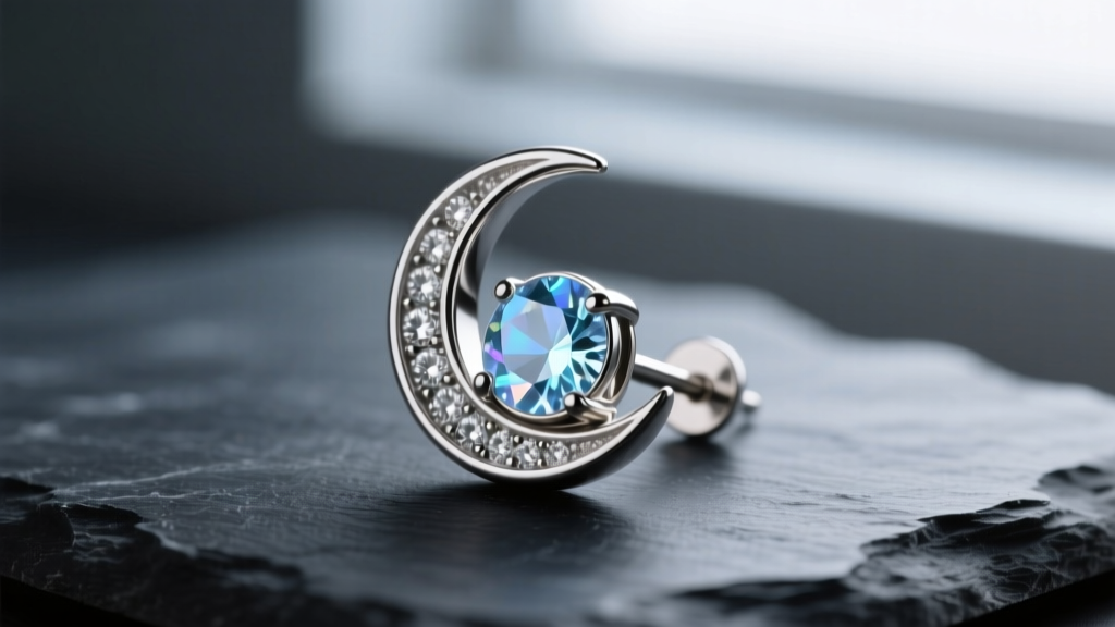 Macro photography of an implant-grade titanium crescent moon stud earring with a bezel-set moonstone, resting on dark slate.