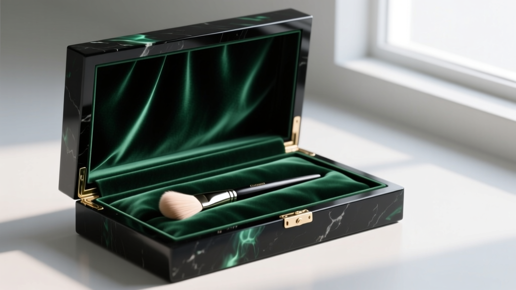 Open black onyx box showing pristine dark emerald velvet interior lining, with a small soft brush resting right beside the hinge.