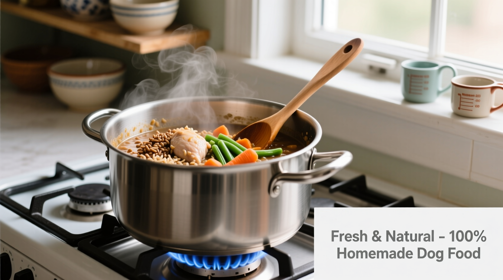 Homemade dog food preparation in stainless steel pot