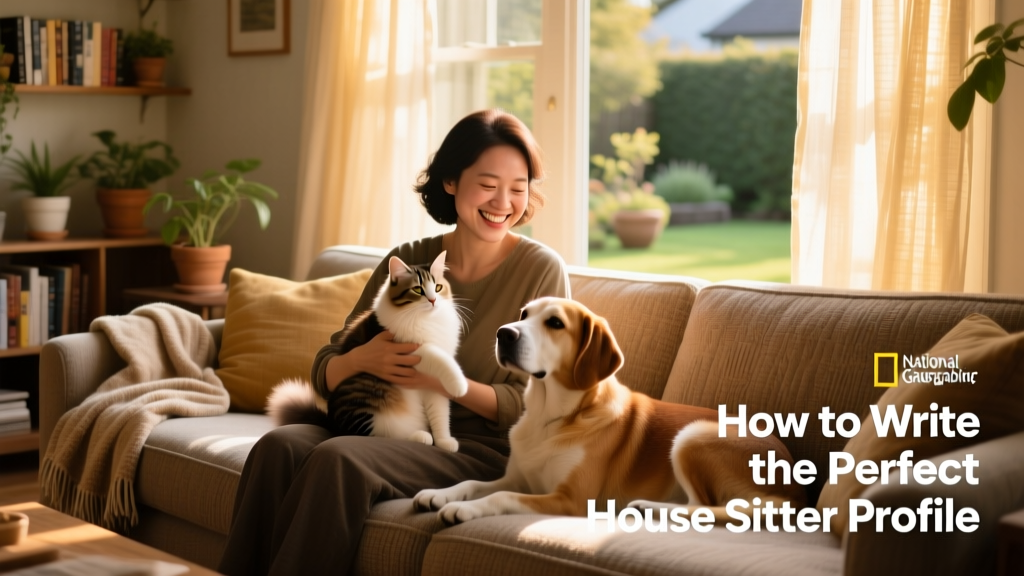 Friendly person smiling warmly while holding a cat and sitting beside a dog on a sunlit living room sofa