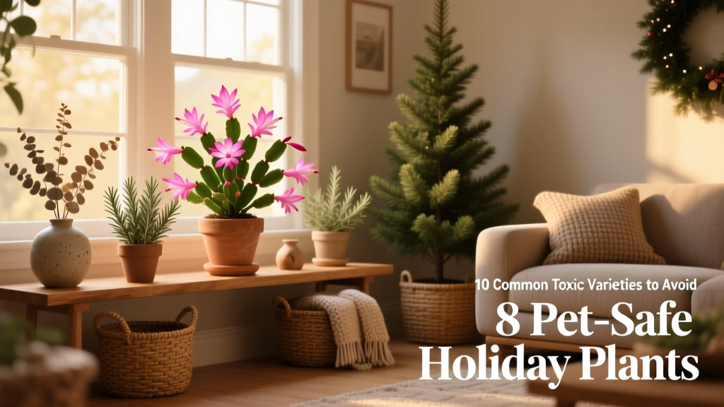A cozy living room decorated with holiday plants including a Christmas cactus, rosemary, and Norfolk pine—no pets visible but space arranged safely