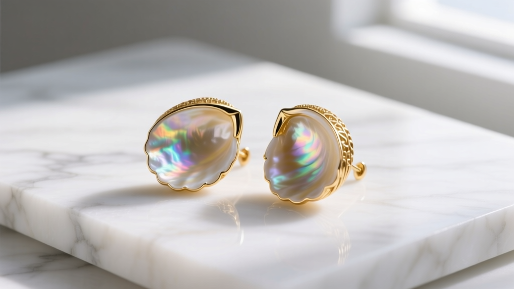 14k gold clam shell earrings on marble showing iridescent mother of pearl inlay and a delicate bezel setting under soft lighting.