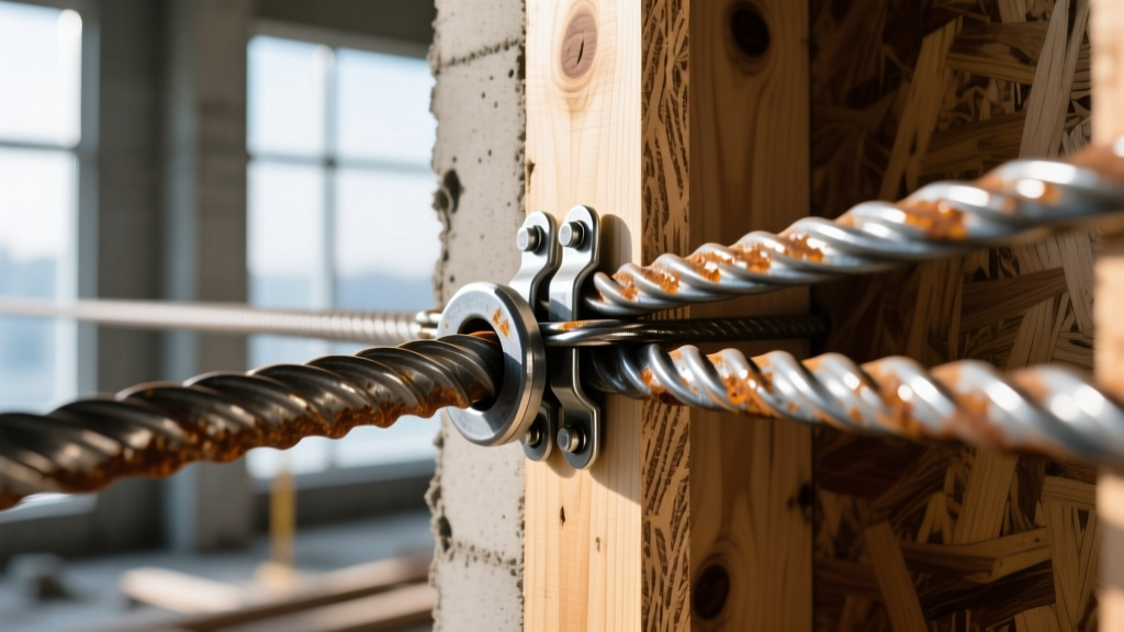 Close-up of heavy-duty steel coil ties and snap ties securing wooden plywood formwork before a high-strength concrete wall pour.