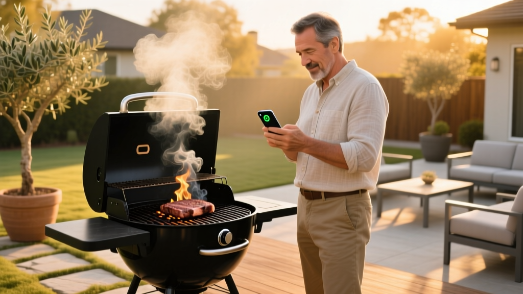 Father checking smartphone app for meat temp next to a smoking black pellet grill in a suburban backyard during golden hour