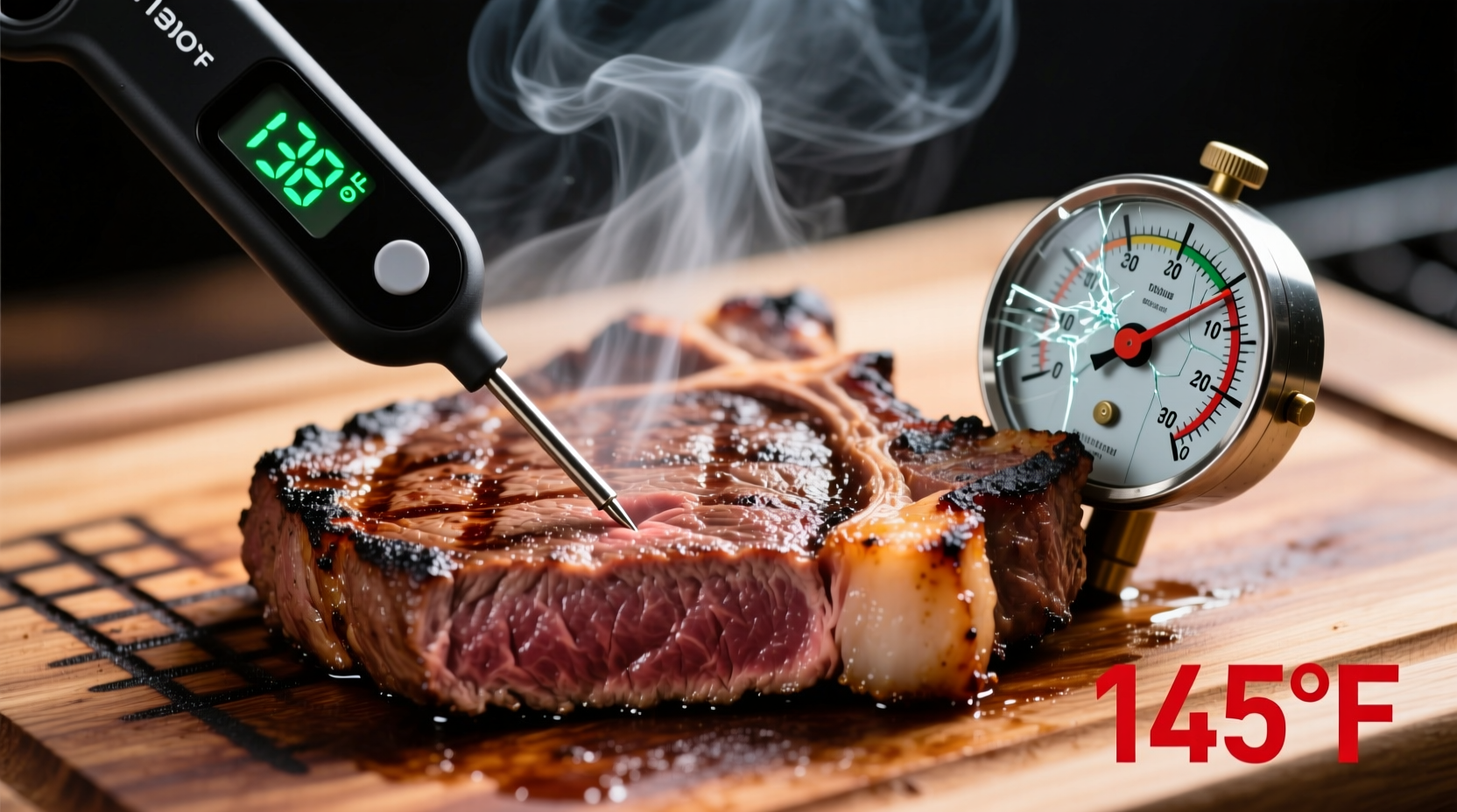 Side-by-side comparison: digital probe inserted cleanly into center of a medium-rare ribeye versus bulky analog dial thermometer wedged awkwardly near the edge, with visible steam rising from overheated surface