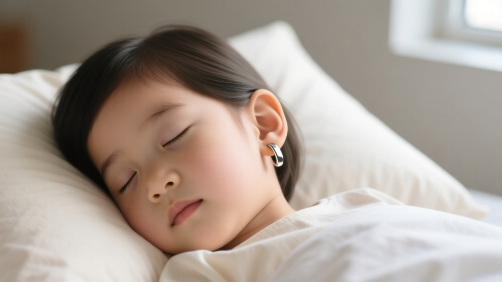 Child sleeping on a pillow, wearing flat-back titanium earrings that do not press into the skin or catch on cotton bed sheets.