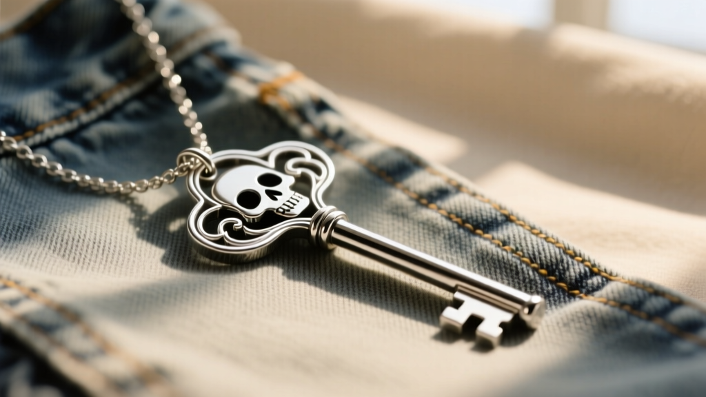 Sterling silver skeleton key necklace on faded denim, warm lighting highlighting intricate metalwork and Y2K style.