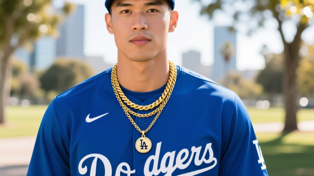 Man in a blue Dodgers jersey wearing a layered gold rope chain and custom player pendant, captured in bright daylight