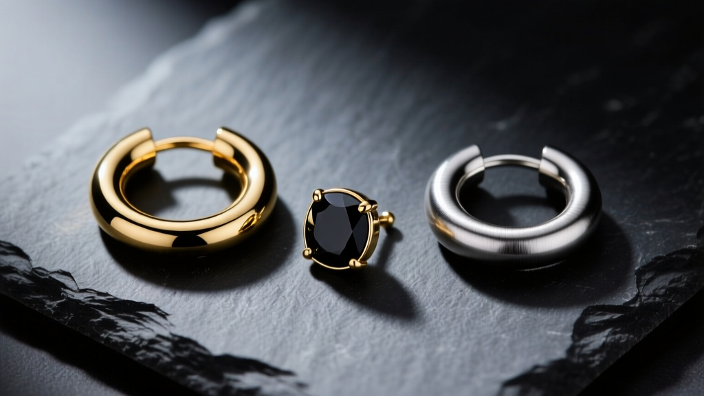 Top-down view of 16-gauge gold helix hoop, black onyx lobe stud, and titanium huggie on dark slate under moody studio lighting.