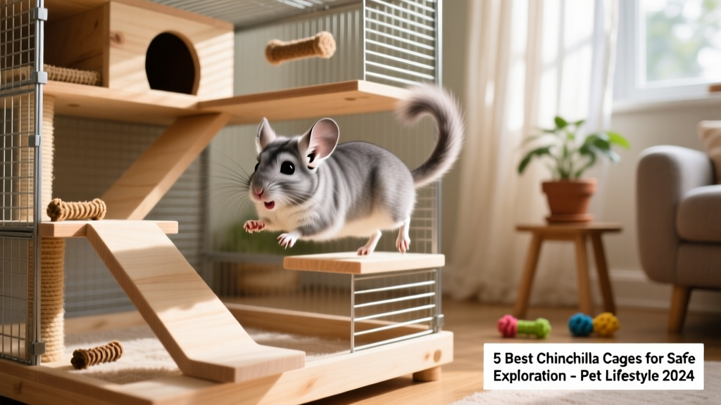 A chinchilla happily exploring a multi-level cage with ramps, platforms, and hideouts
