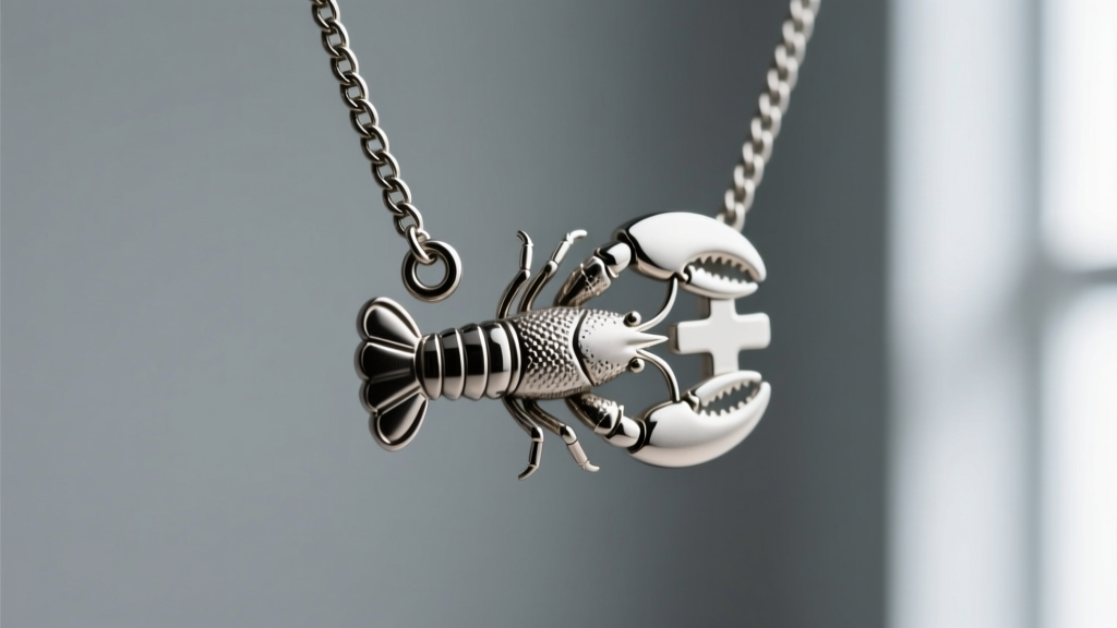 Macro view of a 12mm steel lobster clasp on a 3mm Figaro chain, revealing the secure closure needed for heavy cross pendants.