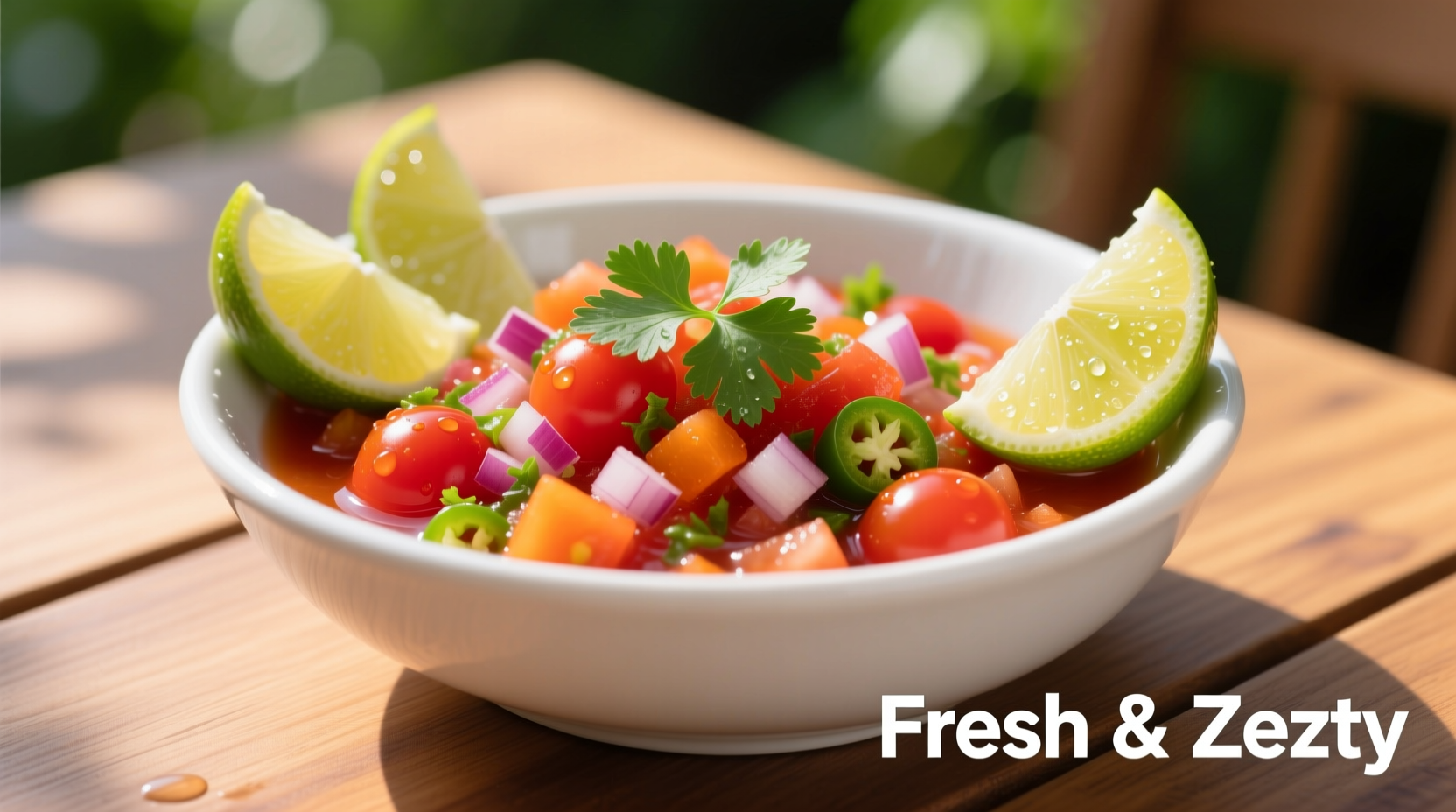 Fresh cherry tomato salsa in white bowl with lime wedges