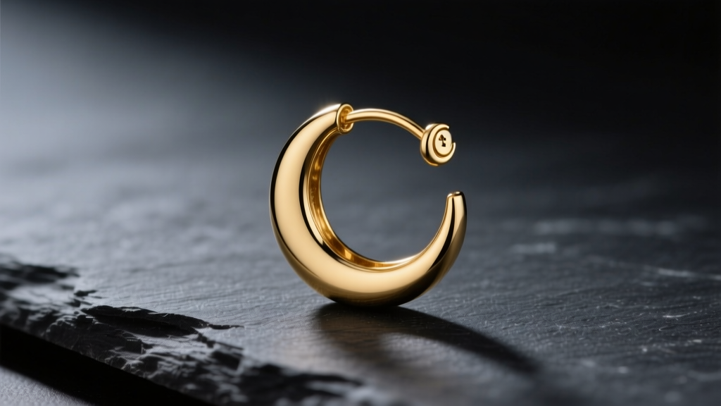 Close-up of an 18-gauge 14k gold hoop earring with a crescent moon charm on a dark slate surface under soft, moody studio light