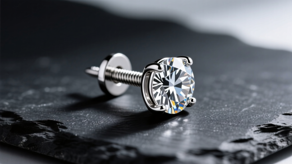 Macro photography of a platinum diamond earring stud post with precision-cut screw back threads, resting on a dark slate surface.