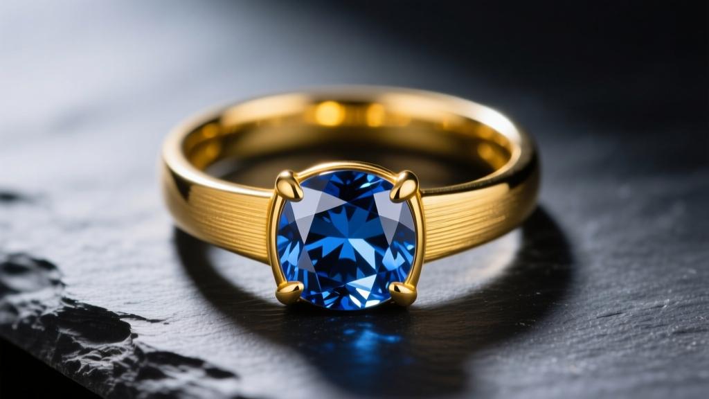 Macro shot of a 14k yellow gold bezel-set sapphire ring on dark slate with dramatic studio lighting highlighting the metal grain