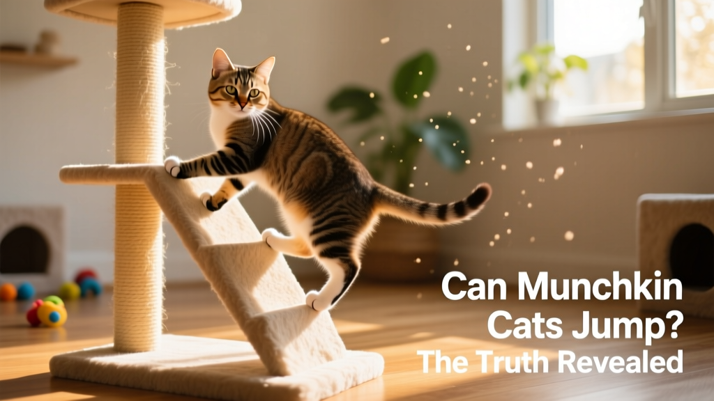 Munchkin cat confidently climbing a low-rise cat tree with wide, stable steps