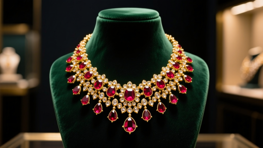 Lavish 22k gold Indian Kundan necklace with ruby drops, displayed on a dark velvet bust under warm gallery lighting in a boutique
