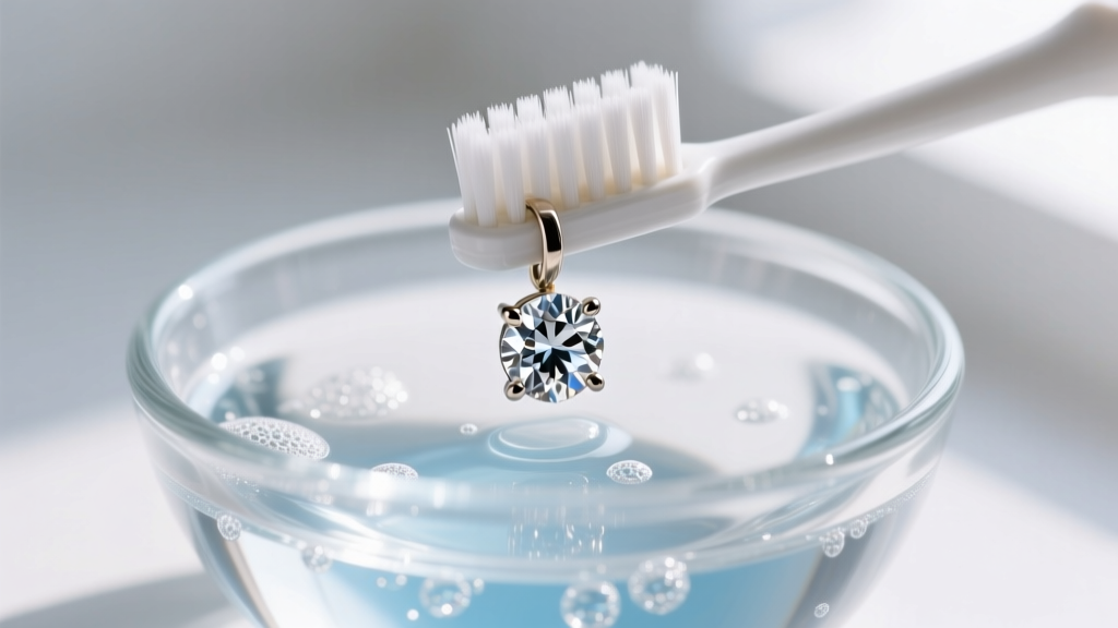 Soft bristled toothbrush cleaning the pavilion of a diamond stud earring submerged in soapy water inside a small clear glass bowl.