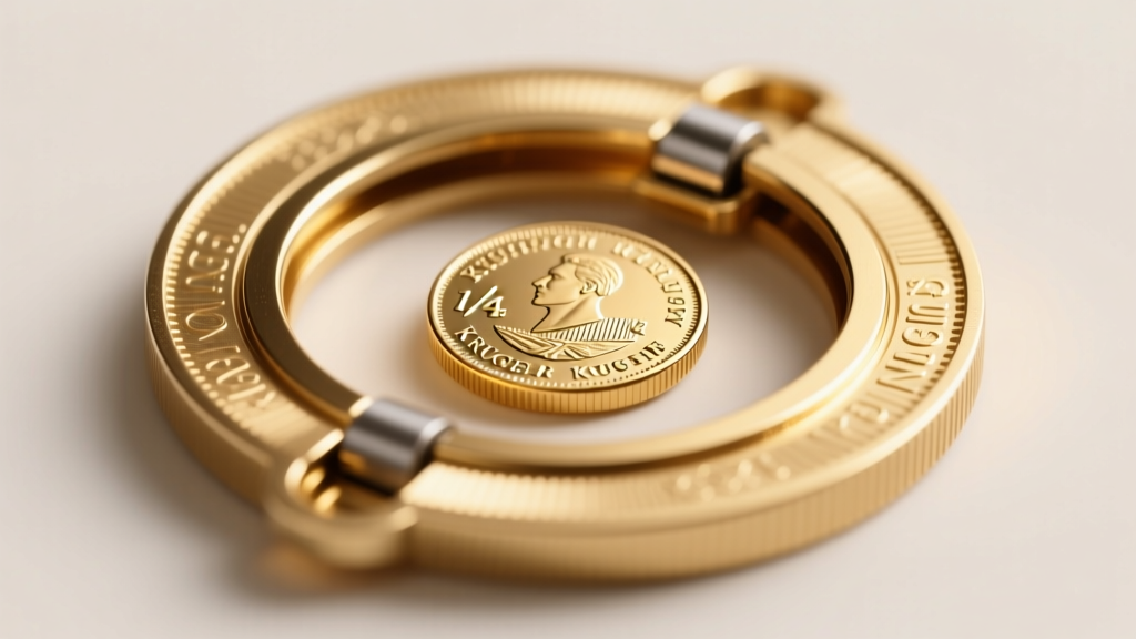 Macro shot of a snap-in 18k gold coin bezel frame holding a fractional Krugerrand, highlighting the secure inner lip mechanism