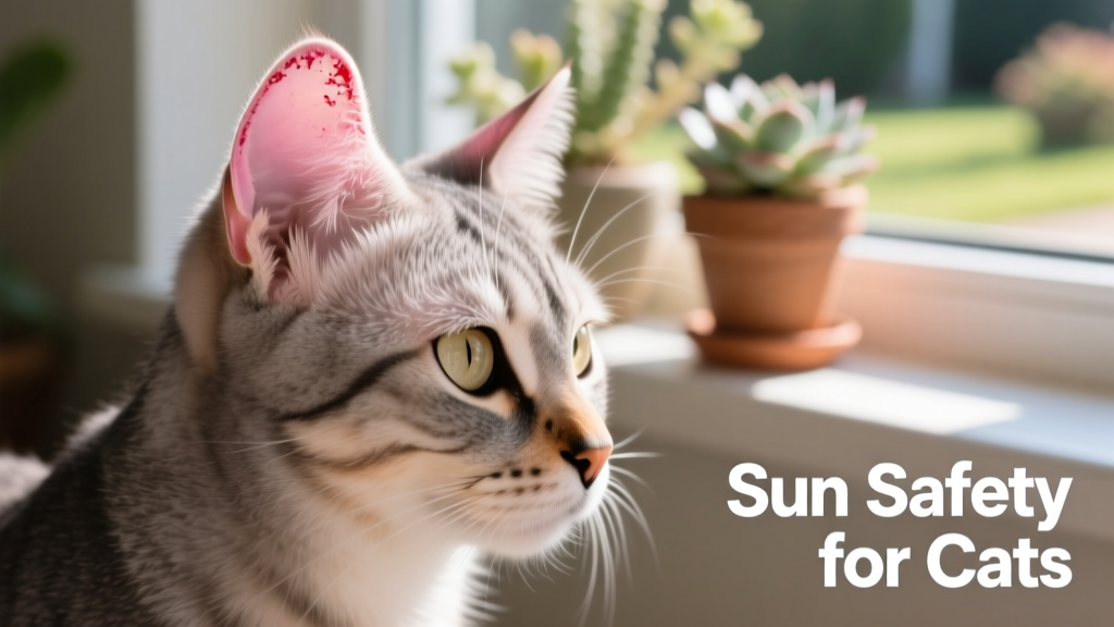 Close-up of a cat’s pink ear showing early signs of sun damage—slight redness and flaking skin