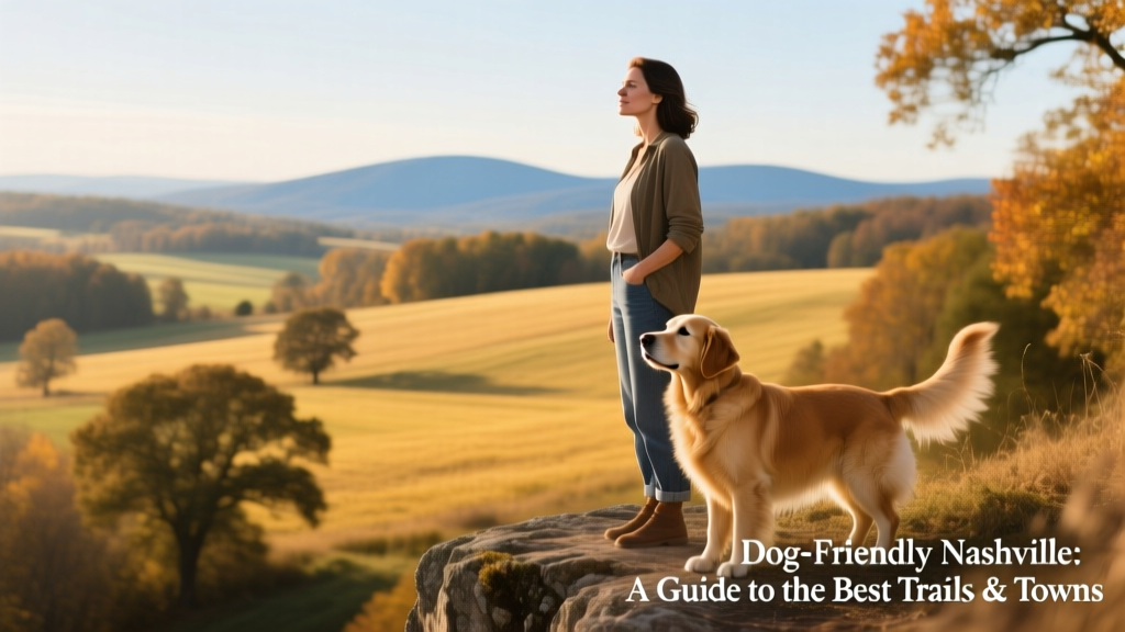 a woman and dog overlooking the Tennessee countryside from a cliff edge