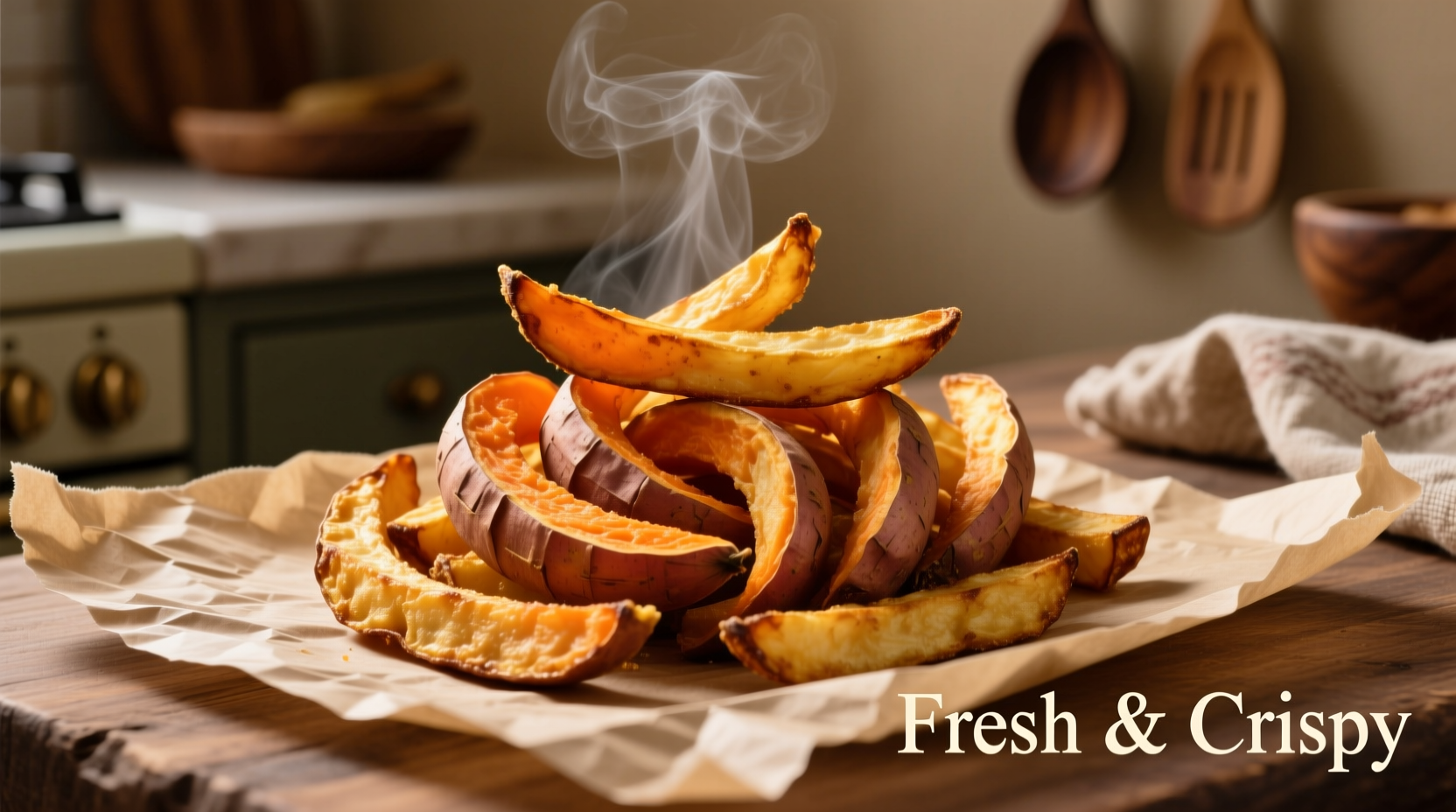 Golden brown sweet potato fries on parchment paper
