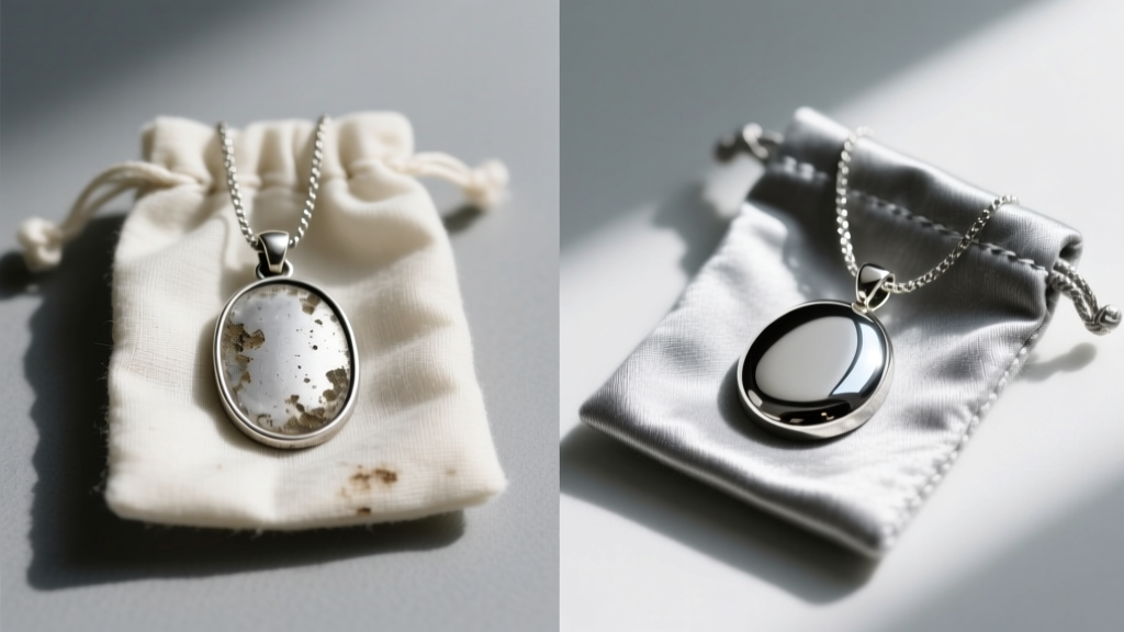 Split view of a tarnished silver pendant from a cotton pouch next to a bright one stored in a zinc-treated flannel pouch.