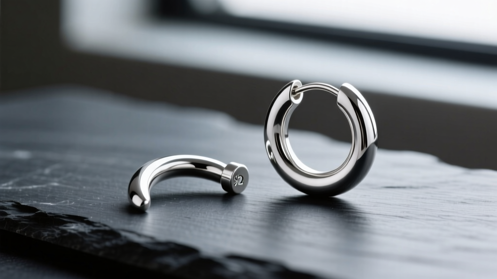 A bent pure silver earring post resting next to a perfectly rigid 925 sterling silver huggie hoop clasp on a dark slate surface