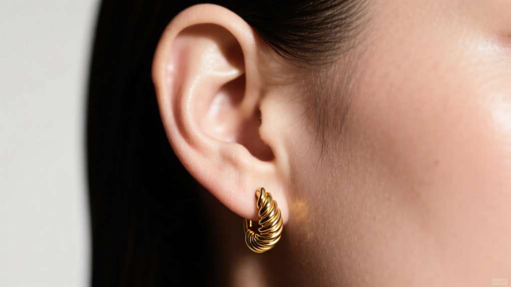 Close up of an ear wearing a gold corkscrew earring on the outer helix, soft studio lighting, high fashion editorial photography.