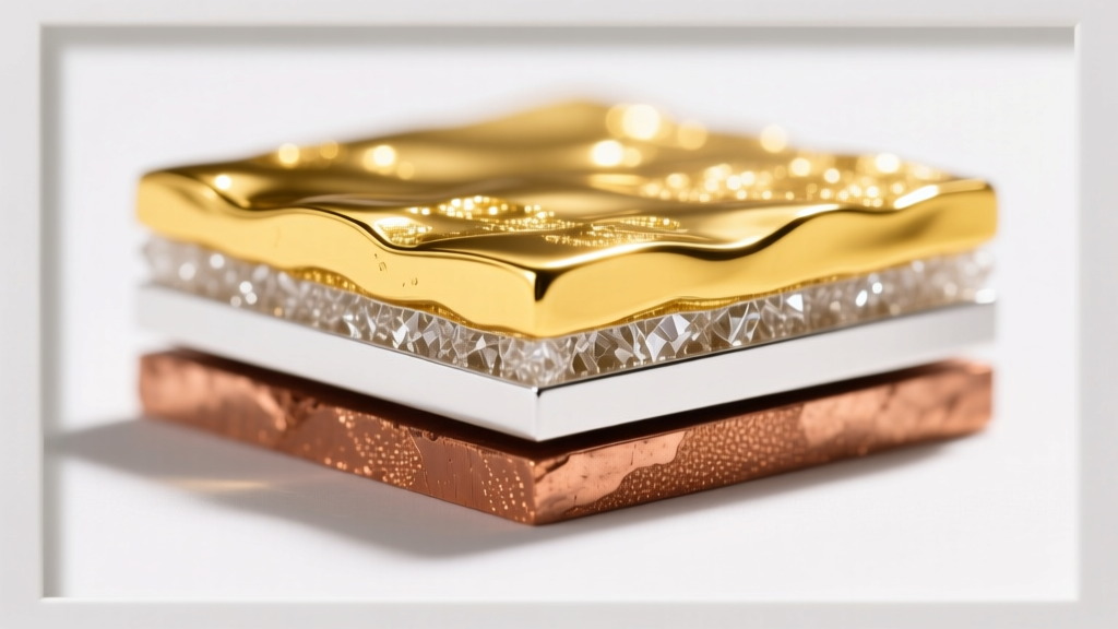 Microscopic cross-section of jewelry plating showing a copper base, a white palladium barrier, and a thick yellow gold top layer.