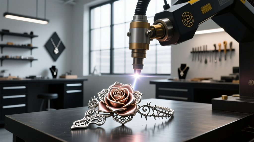 Laser welder in a modern jewelry workshop precisely repairing the broken bail of an intricate gothic arcane rose necklace
