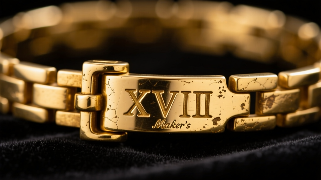Close-up of a vintage gold bracelet clasp featuring a Roman numeral XVIII stamp and a faded maker mark against dark velvet.