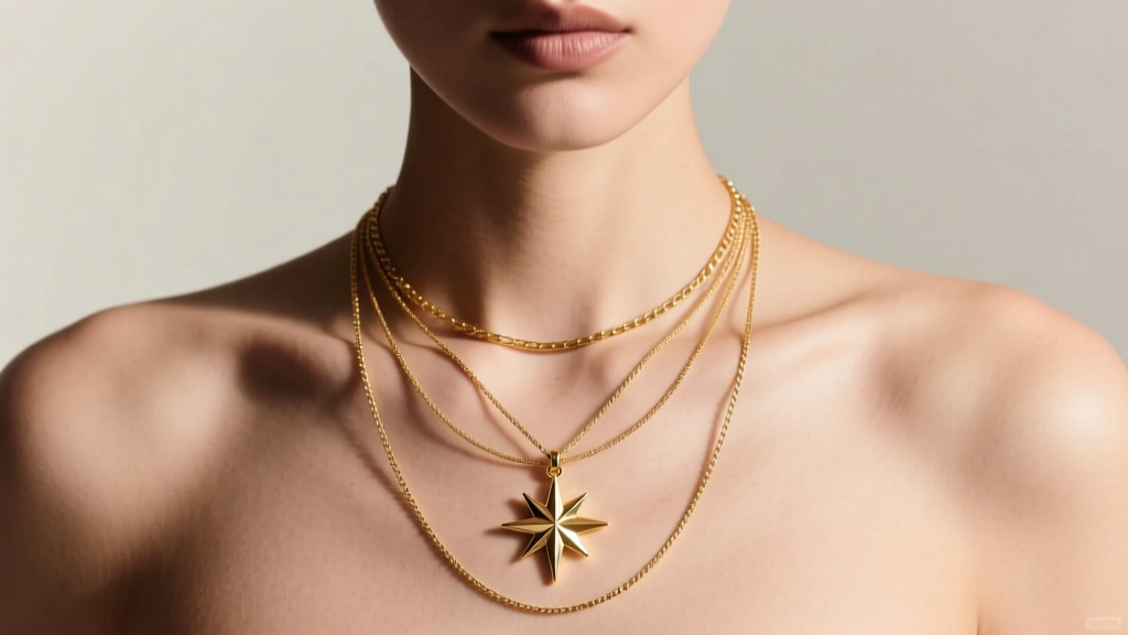 Model wearing three layered gold necklaces, featuring a prominent north star pendant on the middle 18-inch delicate cable chain