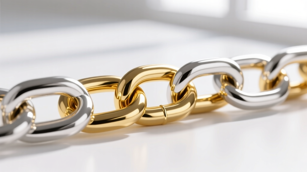 Macro view of a sterling silver chain link coated in a thick layer of bright 14k gold, resting on a clean white background.