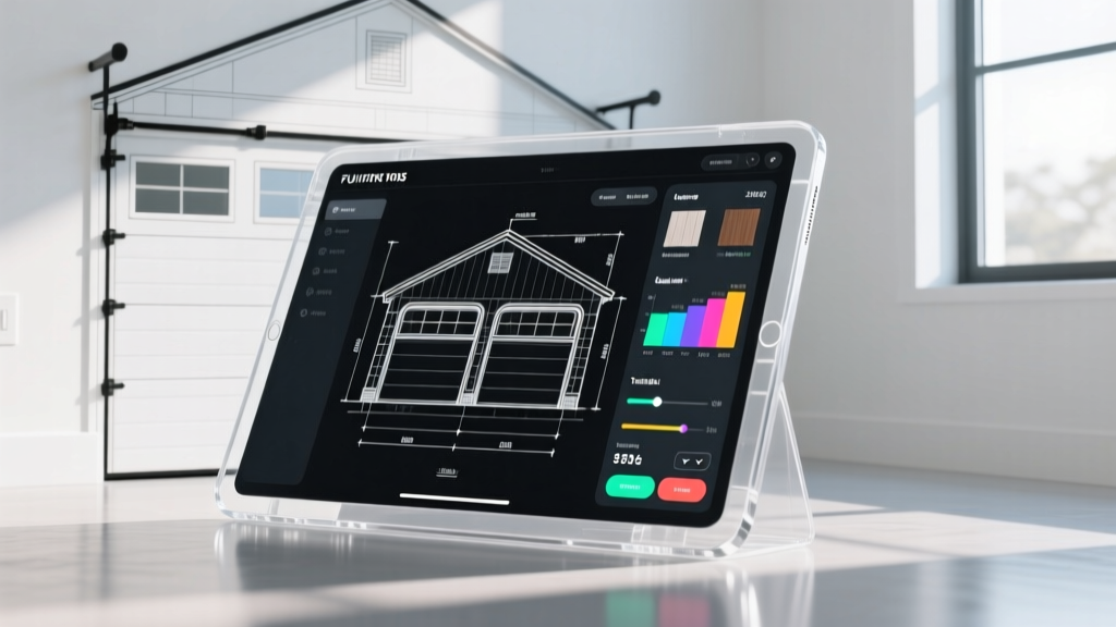 Architectural blueprint of a two-car garage overlaid with a digital tablet displaying a construction cost calculator interface and pricing.