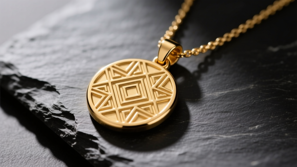 Solid brass pendant necklace on dark slate, showcasing warm golden-yellow metallic luster and deeply stamped geometric patterns.
