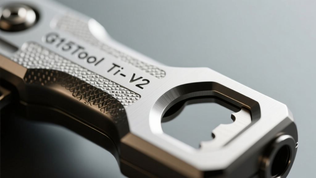 Macro shot of the G15Tool Ti-Pry V2 showing the stonewashed 6AL-4V titanium finish and integrated bottle opener notch