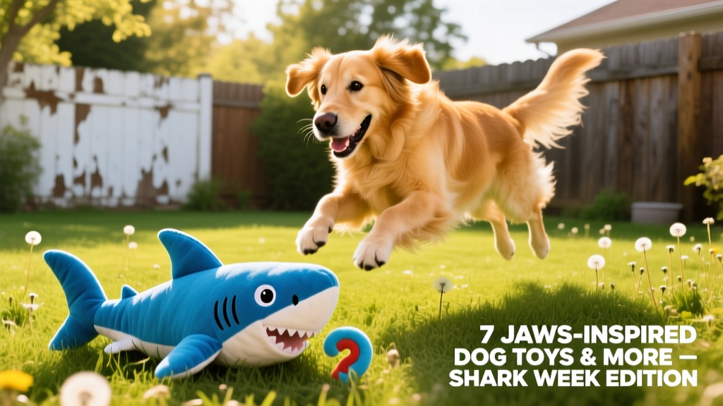 A golden retriever happily playing with a floppy shark plush toy in a sunlit backyard