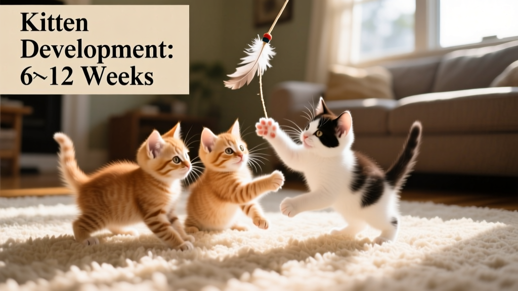 Three 9-week-old kittens playing together on a carpeted floor with a dangling feather toy