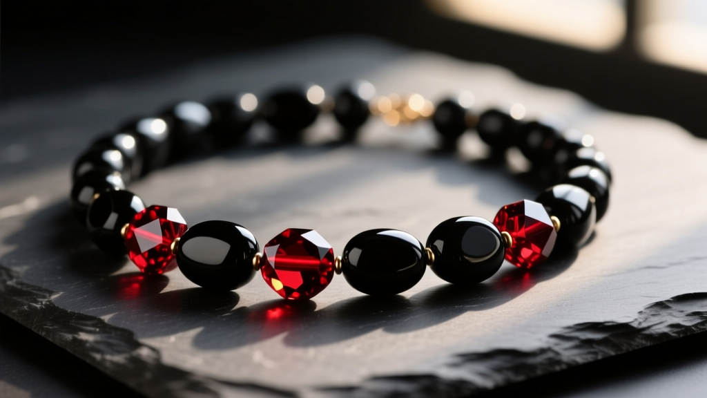 Close-up of a striking black and red beads necklace featuring polished onyx and faceted garnet resting on dark slate