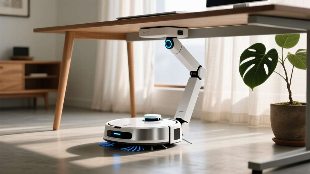 Close-up of a robotic vacuum with extended side arms navigating under a standing desk in a sunlit, minimalist Asian-inspired home workspace.