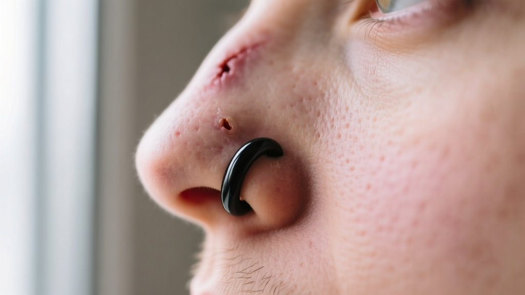 Side profile of a healed septum piercing with a seamless black niobium segment ring, highlighting smooth closure and dark finish