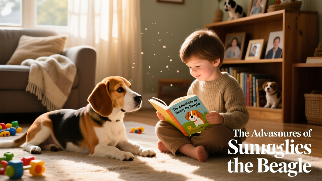 A Beagle resting calmly beside a young child reading a book on the living room floor