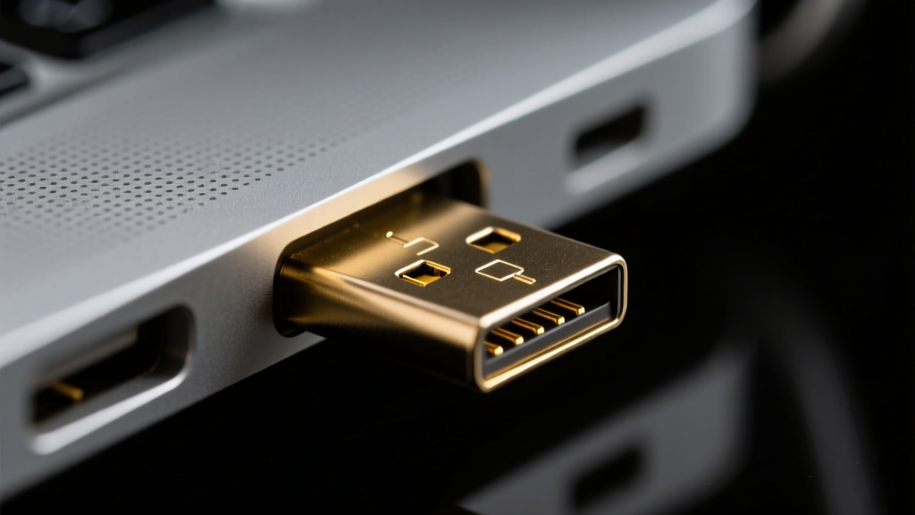 Close-up macro shot of a USB-C connector plugging into a laptop port, highlighting the intricate gold pin contacts and metallic shielding against a dark background.